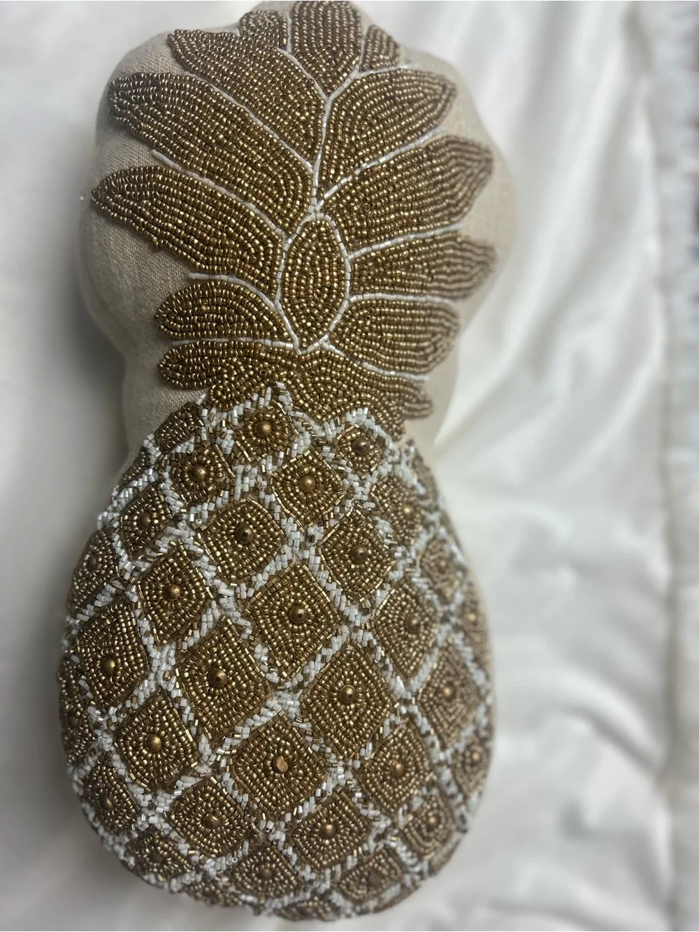 NWOT Gold and white Beaded Decorative Pineapple shaped Pillow
